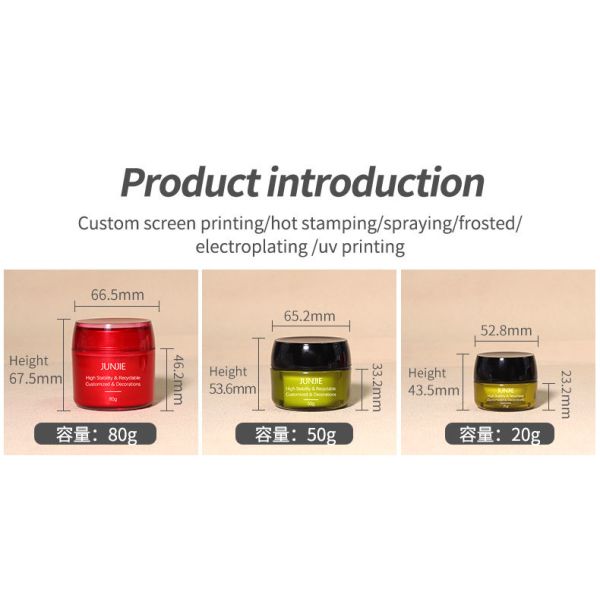 Pot cosmétique rond en acrylique rouge et vert pour soins de la peau du visage et du corps, vide, personnalisé de luxe, 80g, emballage de pot.