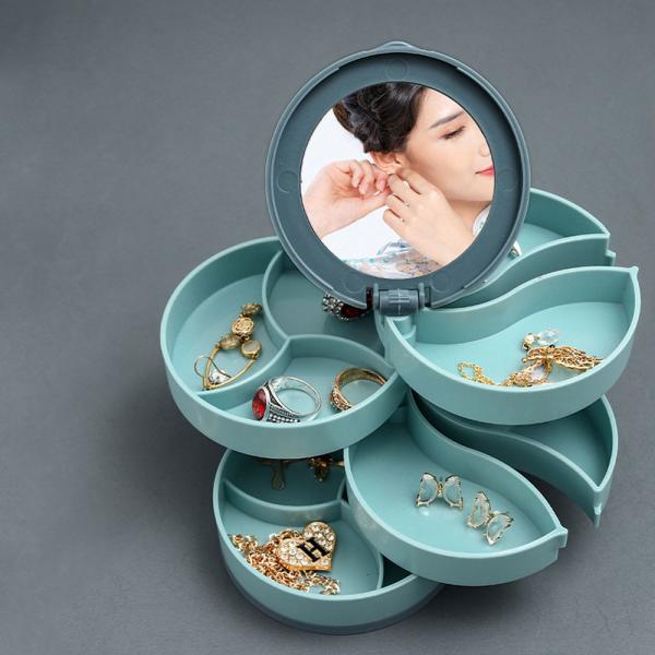 Plastic Blue Rotating Jewelry Organizer Box Compact Storage Case