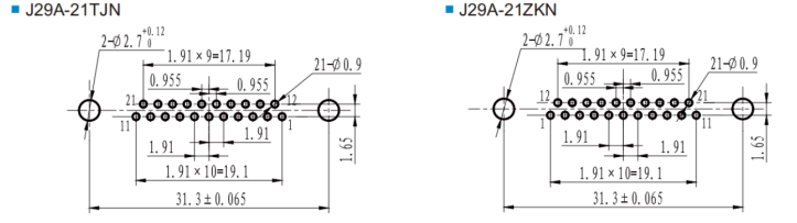 Micro Rectangular Connector J29A Series Plug Connector Soldering Type Connector J29A-21TJN