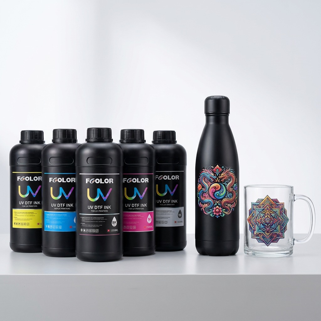 FCOLOR Odorless UV DTF Ink Set CMYK W Varnish for Epson I3200 XP600 I1600 Printer Crystal Sticker Transfer Film Printing 1000ml