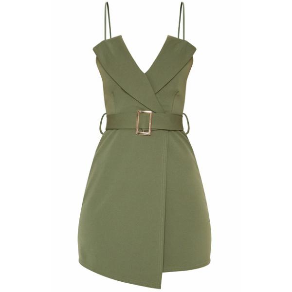 Women Khaki Tux Detail Belted Wrap Bodycon Dress With Spaghetti Strap