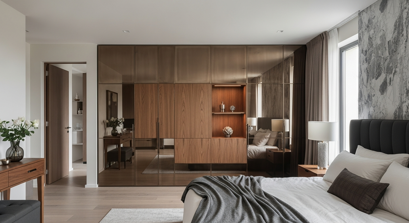 Bronze-Glass & Walnut Modular Wall System in 304 Stainless Steel