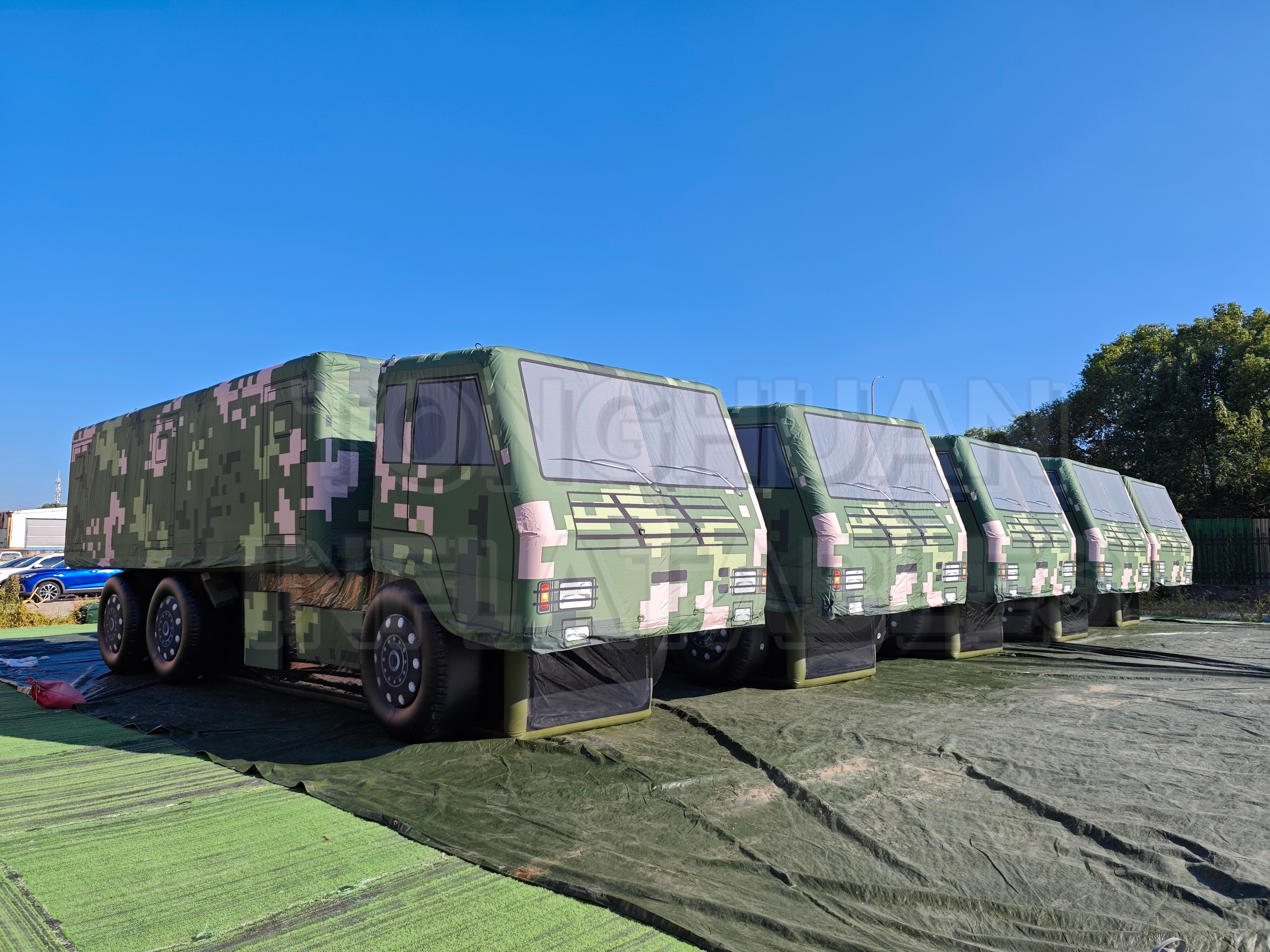 Inflatable Support Vehicle Simulation Model with Custom Size Equipment Cabin Wheel Configuration and Camouflage Artwork for Exhibitions Training Programs and Project Installations