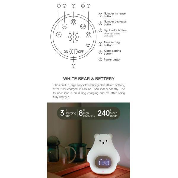 Luz e som de noite LED máquina Urso bonito relógio de treinamento de sono para quartos de crianças