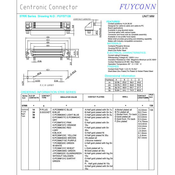 Разъем Centronics Pin PBT 36 с разъём-розетка ангела права PCB