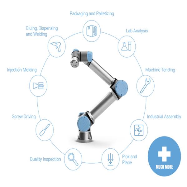 UR 3e  collaborative table-top robot  used to picking, assembling, and placing parts generally industrial robots arm