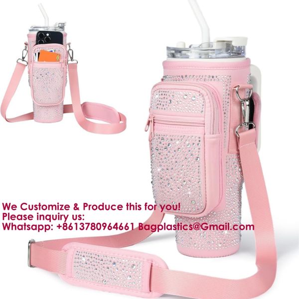 RhineStone Decoration Acessories, Tumbler With Handle,Pink Insulated Neoprene Cup Holder Pouch W/Adjustable Strap For Quencher H2.0 Stanley Cup Accessories