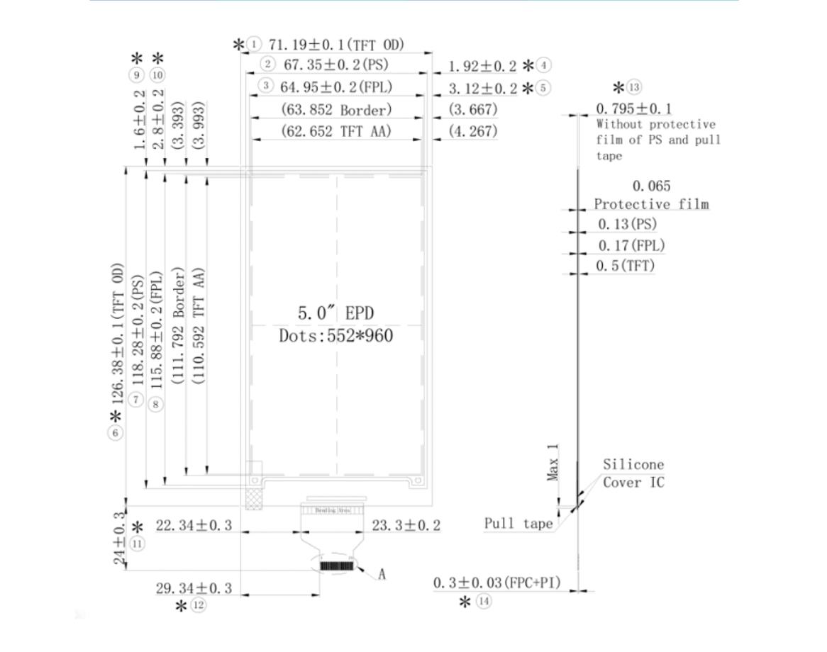 5-дюймовый экран на бумаге, разрешение 552×960, интерфейс 24 PINS SPI
