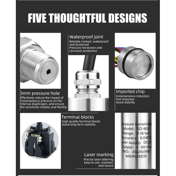 Liquid Small Pressure Sensor Transmitter 4-20mA 304 Stainless Steel Precision ±0.5%FS