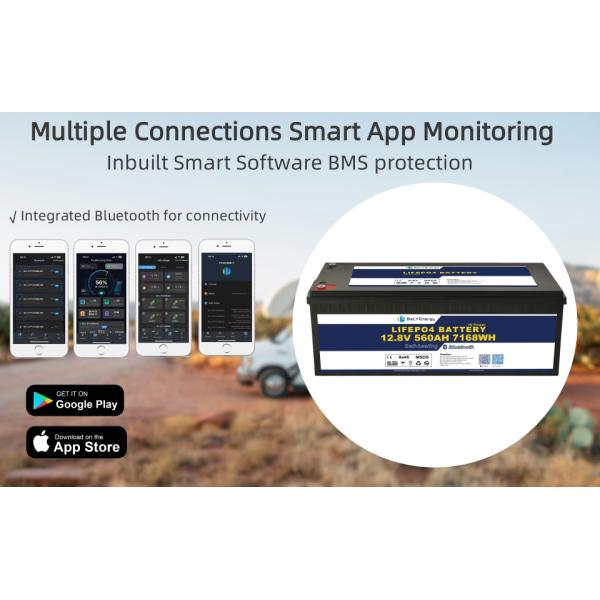 ABS Shell Long Lifespan 12,8V 560Ah LiFePO4 Bateria de Lítio Com Conectividade Bluetooth