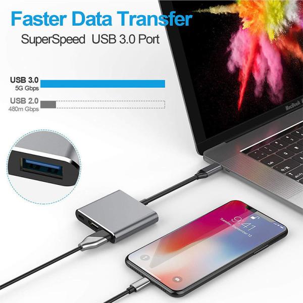 Cable de conversión de adaptador USB 3.0 de USB tipo C multifunción de 3 en 1 a USB-C PD