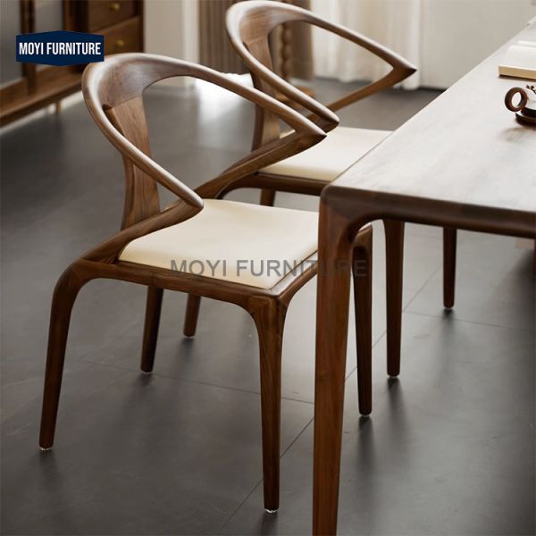 Home Furniture Nordic Commercial Modern Solid Wood Frame Leather Upholstered Wooden Legs Brown Luxury Wicker Back Dining Chairs with Armrest