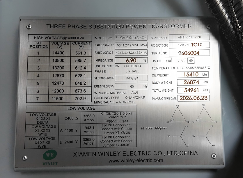 Multi-Capacity Multi-Voltage 10/11.2/12.5/14 MVA Oil Immersed Substation Power Transformer 12470V to 2400D 4160Y/2400V ONAN/ONAF ANSI/IEEE Standards