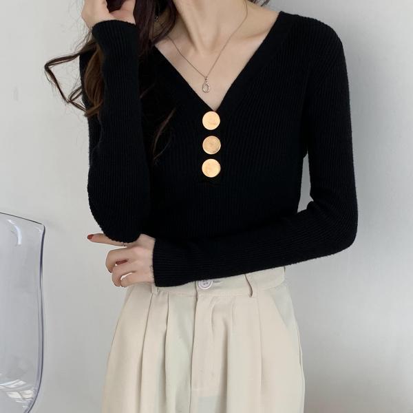 Ladies Long Sleeve Pullover Deep V Neck Knit Sweater With Buttons