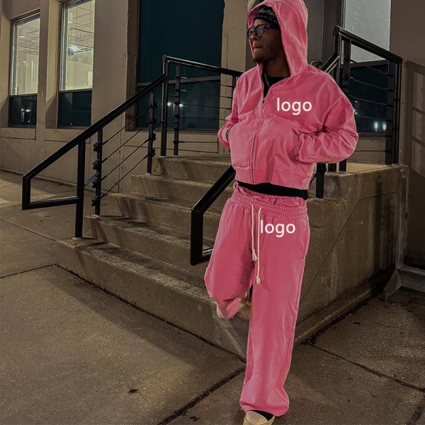 Custom Logo Zip up Hoodie pink Double Waist Sweat Track Baggy Pant Acid Washed Hoodie Set Tracksuits for Men