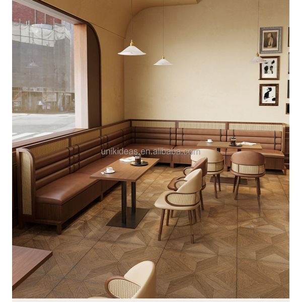 Hot Sale Custom Cafe Restaurant Furniture Table and Chair Set  Solid Wood Rattan Commercial Factory Direct
