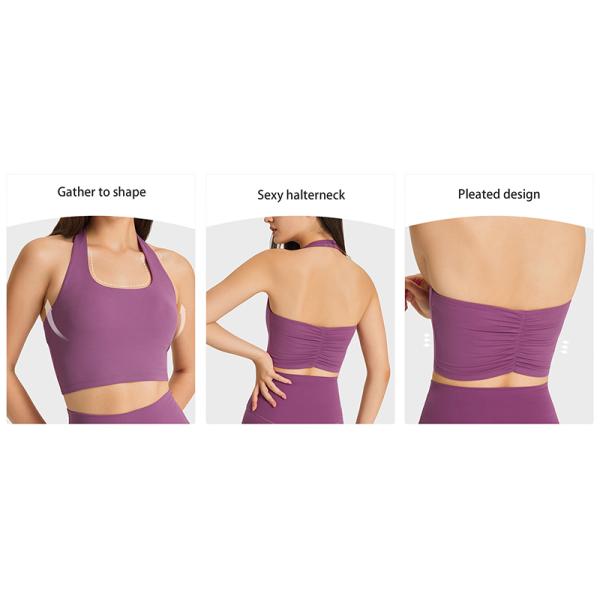 Halter Neck Womens Sports Bra Sexy Pleated Back Crop Tops With Removable Pad