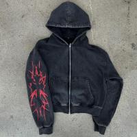 Logo personnalisé Imprimé à l'écran Déprimé Pas de corde double fermeture à glissière Acide Wash Poids lourd Boxy coupé Hoodie Hommes