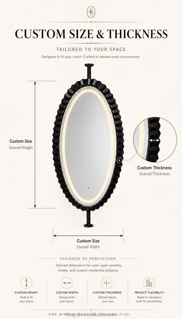 Kingstin Luxury Floating Suspended LED Mirror with Custom Size Black Stainless Steel Frame for Modern Bathrooms Hotel and Villas