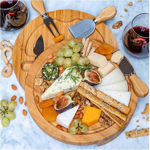 Small Bamboo Meat Charcuterie Cheese Board with Knives Custom Logo Round Pizza Stands