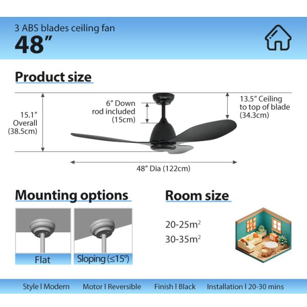 Ventilador de teto ABS preto com lâminas ABS 3* 6 Velocidade do vento ajustável e controle remoto