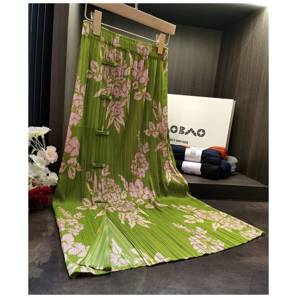 Original Design Pleated Chinese Style Disc Half Skirt 2024 Printed Pleated Skirt Wrap Slit Summer Skirt