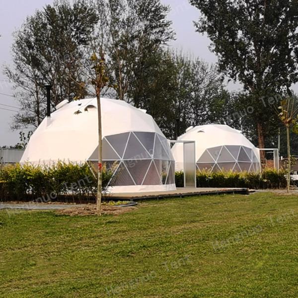 White PVC Cover Steel Frame Geodesic Dome Tent With Bathroom Diameter 6m