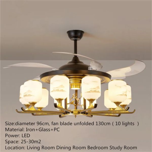 Luxury Ceiling Fan Light Remote LED Electric Fan Light with glass lampshade metal Stealth Fan Light (WH-VLL-28)