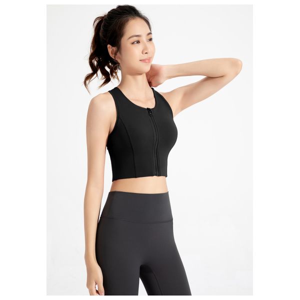 Women's Front Zip Yoga Sports Bra Black High Support Sweat Wicking Fabric