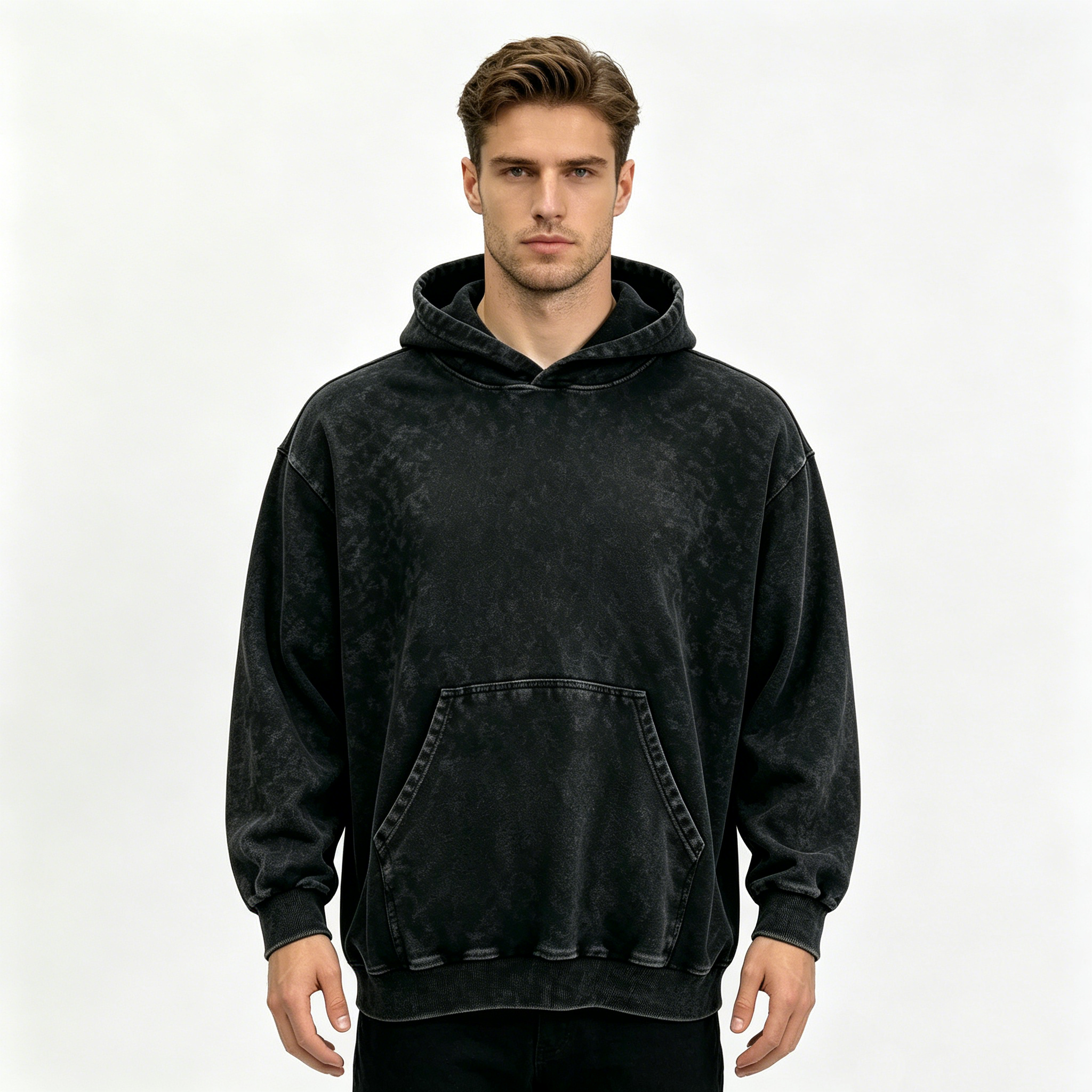 Oversized Stone Wash Hoodies Long Sleeve Snow Wash Hoodie Black