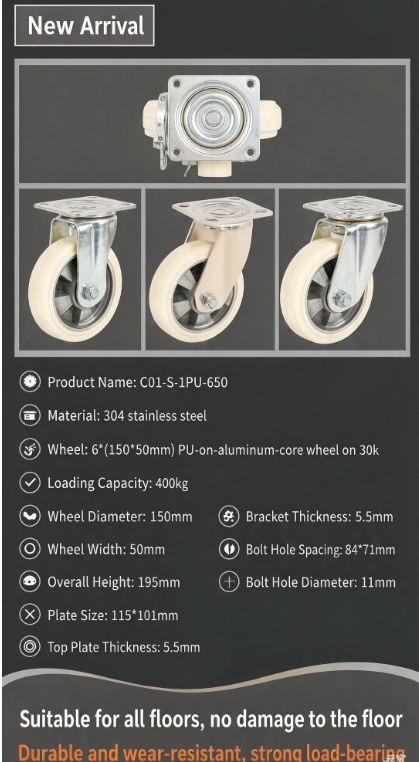 6 Inch Heavy Duty Swivel 304 Stainless Steel Caster Wheels Pu 400kg Load Capacity Withstand Brine, Sulfite Harsh Coastal