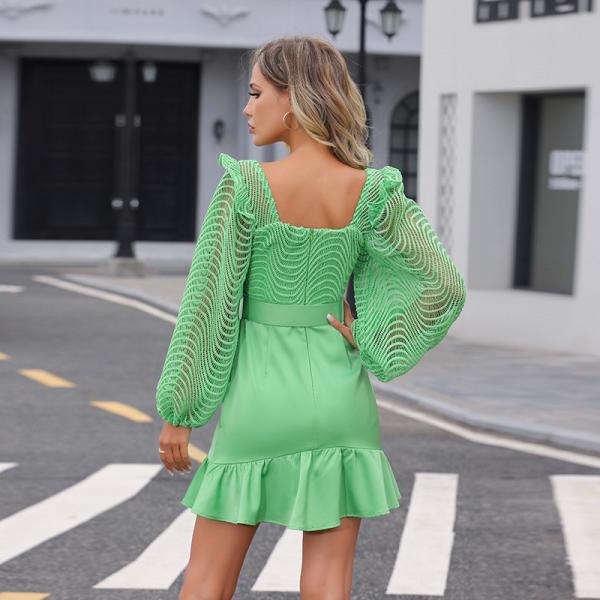 Long-Sleeved New Green Puff Sleeves Elegant Sweetheart Neck Ruched Ruffle Hem Dress