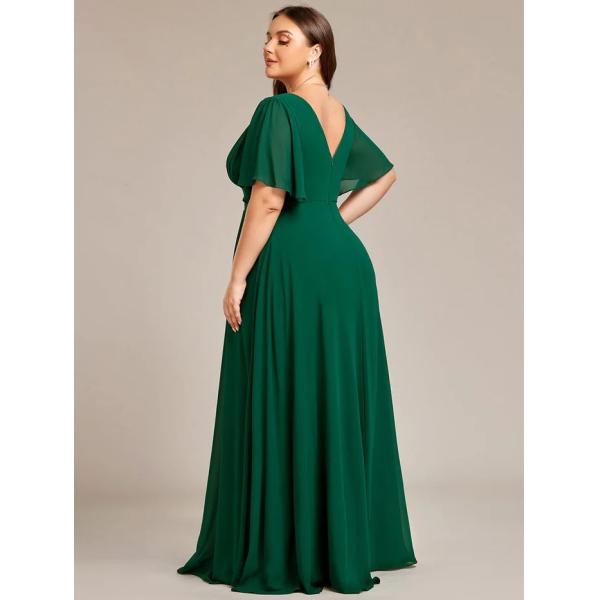 Simple V-neck Zipper Short Sleeves Empire Waist A-line Maxi Ruffled Dark Green Chiffon Bridesmaid Dress