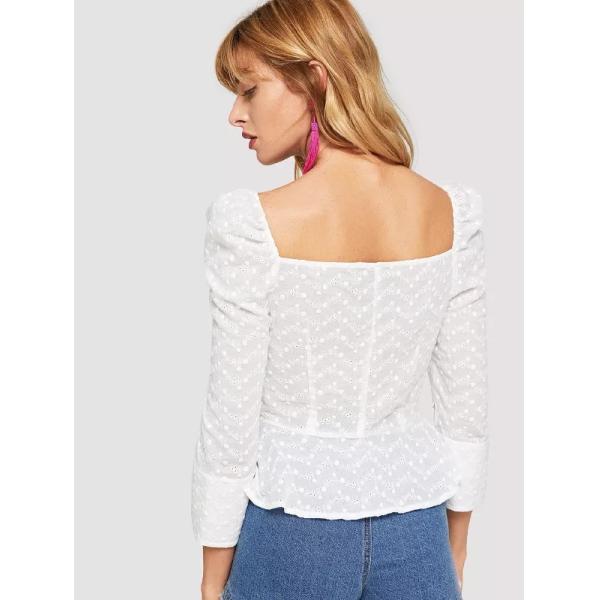 Cotton White Embroidered Button Up Puff Sleeve Women Blouses 2018 New Designs