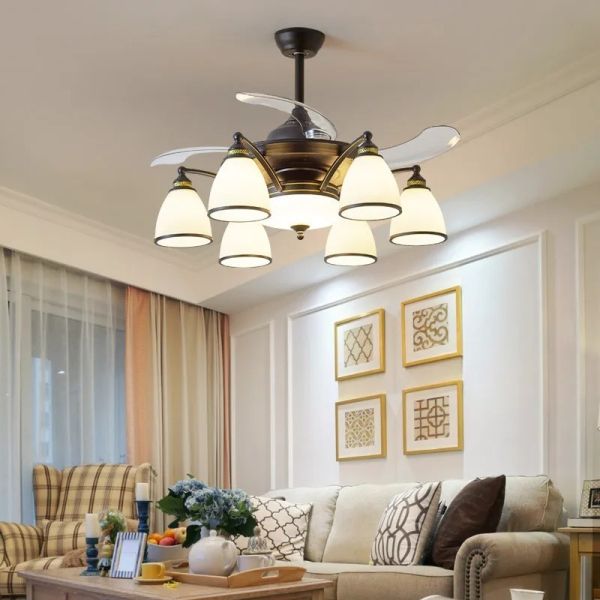 Luxury Ceiling Fan Light Remote LED Electric Fan Light with glass lampshade metal Stealth Fan Light (WH-VLL-28)