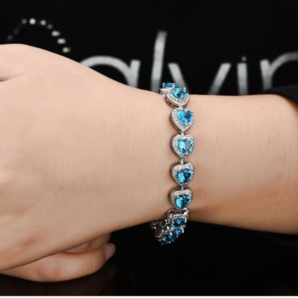 Fashion Platinum Plated Links Chain Heart Shape Blue Cubic Zirconia Tennis Bracelet (JDS949BLUE)