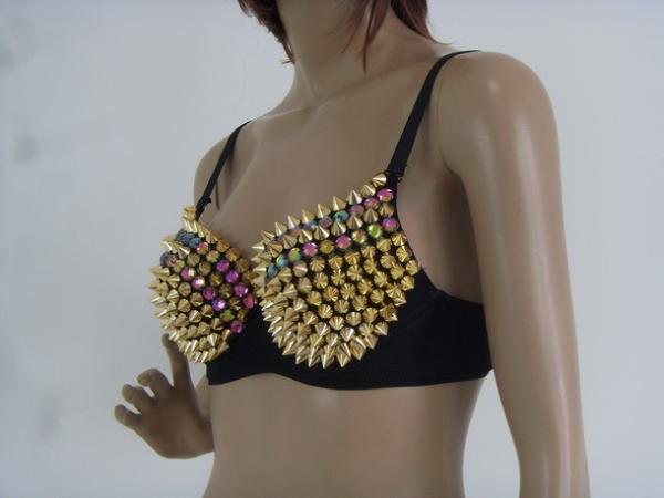 Spandex Night Club Wear Handmade Beads Gold Studded Bra With Spikes
