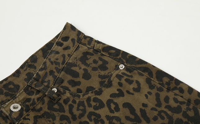 Non Stretch Sports Sweat Shorts Five Inch Leopard Print Denim Shorts Mid Waist