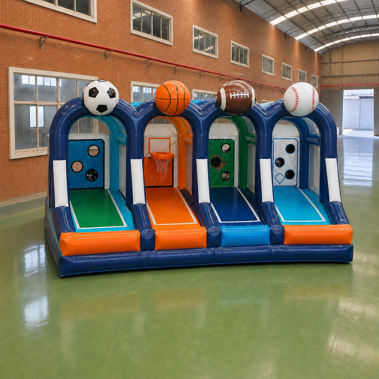 Commercial 4-in-1 Inflatable Multi-Sport Challenge Arena with Soccer Basketball Football and Baseball Target Stations for Events and Rentals