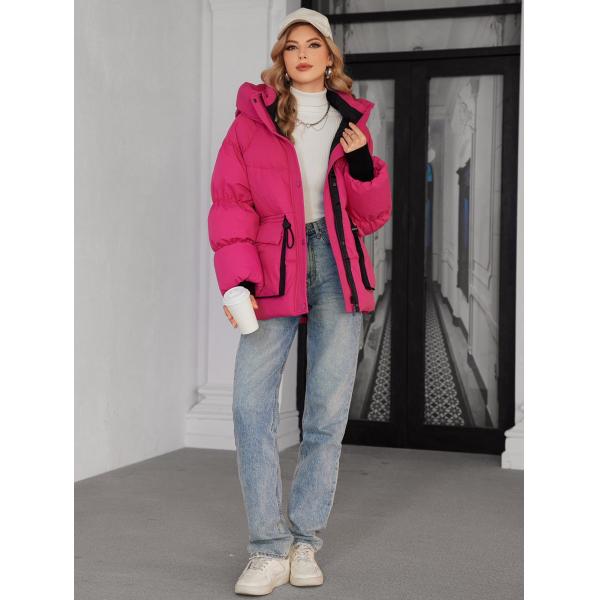 42-50 Short Pink Down Coat Hooded Brilliant Pink Puffer Coat Womens Casual