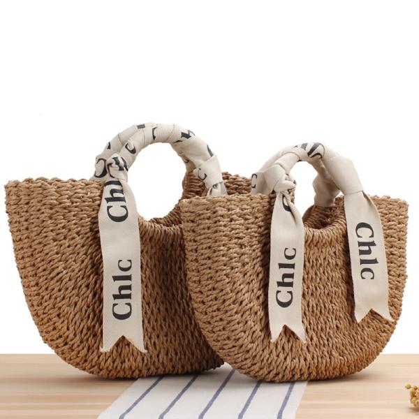 Custom Logo Accepted Silk Scarf Travel Holiday Bag with Portable Straw Woven Material