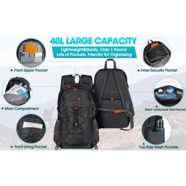 Hiking Backpack 40L Waterproof Camping Backpack Lightweight Packable Backpack for Women Men Outdoor Travel Daypack