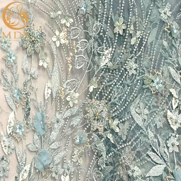 20% Polyester Blue 3D Flower Lace Fabric For Evening Gown