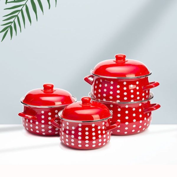 Eco-Friendly Red Dots Enamel Belly Deep Casserole Pot with Enamel Lid