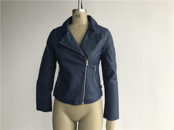 Navy Ladies PU Jacket , Pleather Biker Jacket Asymmetrical Zip Through LEDO1737