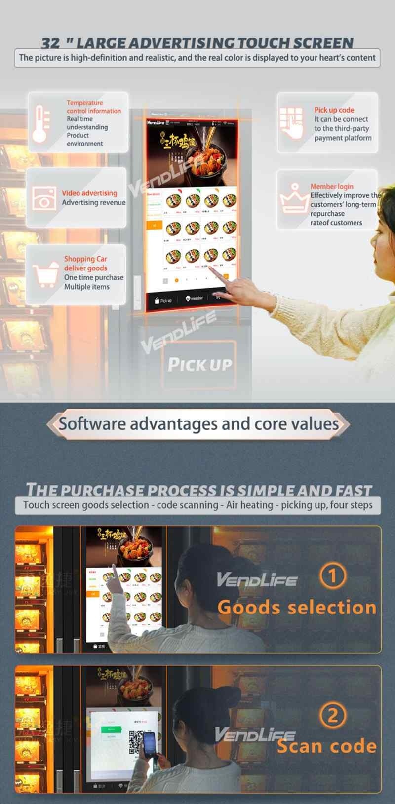 Vendlife mart Bento Vending Machine - Automatic Unmanned Hot Food & Prepared Meal Vendor, Microwave Heating, 32-inch Touch Screen, QR/Card/Cash Payment, for Office, Community, School, Station 24/7