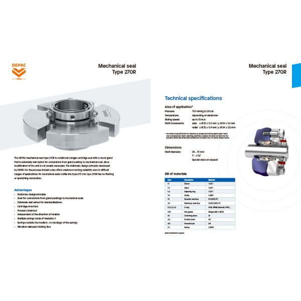 DEPAC Type 270 270R Stationary Single Cartridge Mechanical Seal for Pumps