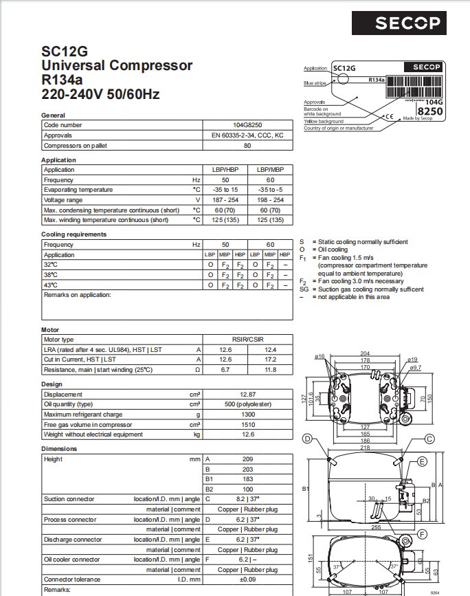 Danfoss Secop Ac вращающийся компрессор SC12G R134a 220 - 240 В 50 / 60 Гц