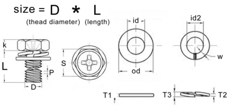 External hexagonal  head cross slot washers attached combination screws