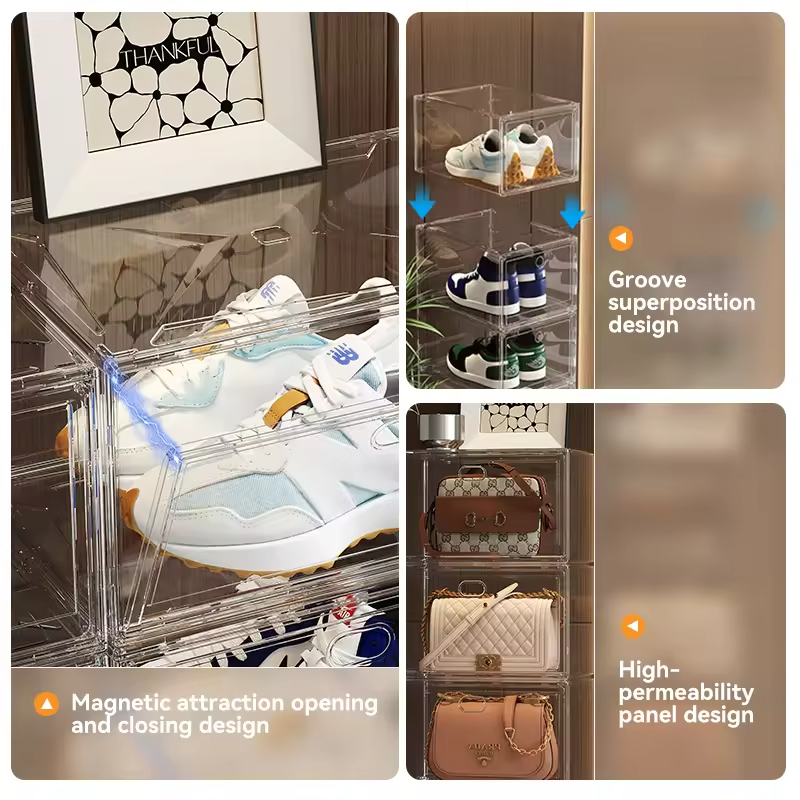 Premium Large Capacity Transparent Acrylic Shoe Box Magnetic Suction Front Opening Stackable Hard Case Sneaker Storage Display